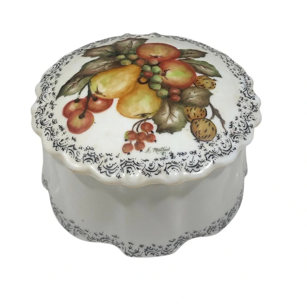 Vintage 80’s Hand Painted Fruit Trinket Jewelry Box Bowl Cottagecore Lidded
